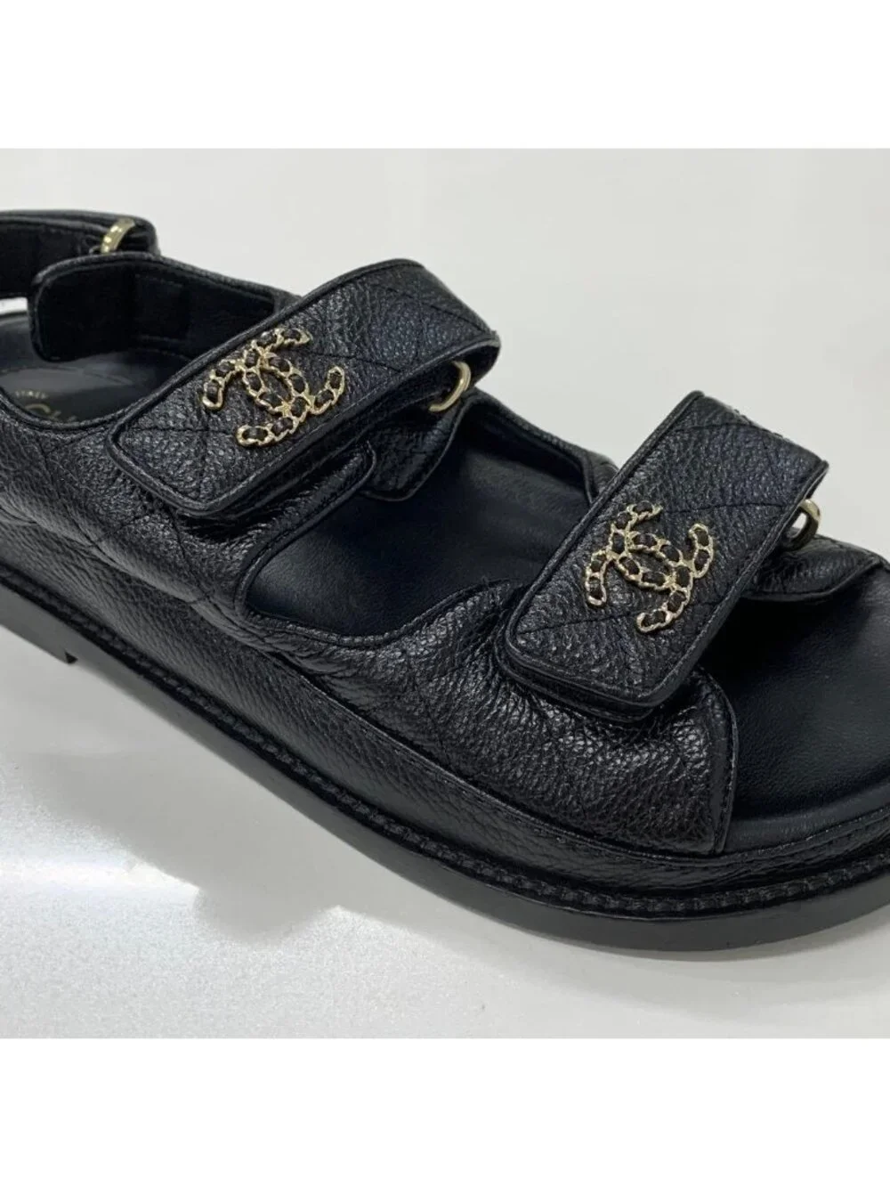 Chanel CC Logo Quilted Leather Chain Velcro Sandals Black